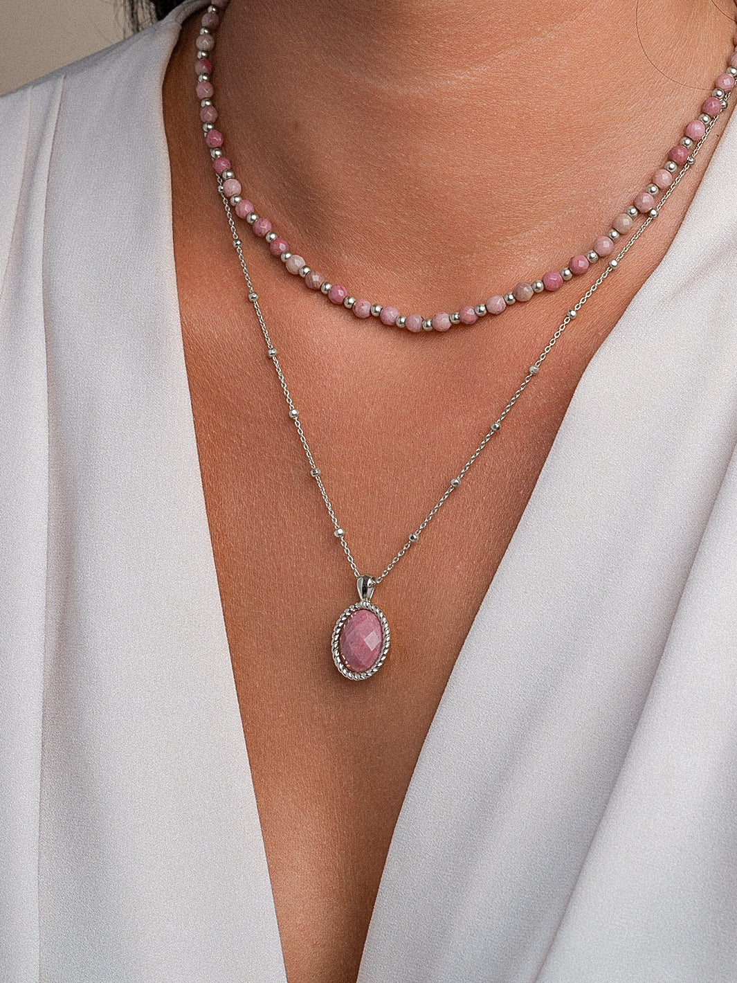 Pink Rhodonite Twist Amulet Ketting Set | Zilver